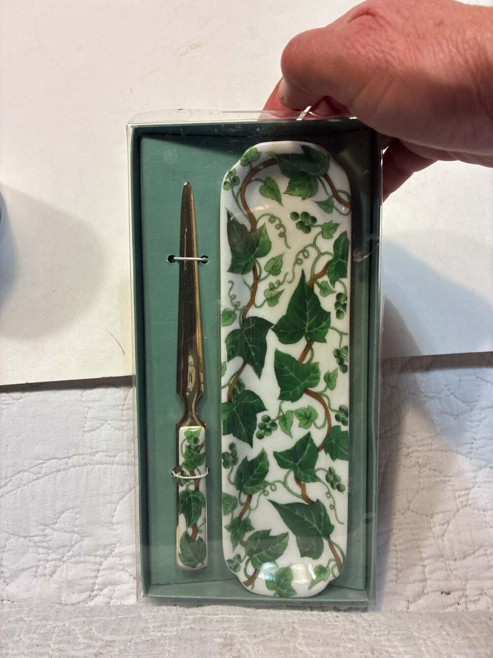 Vintage Porcelain Ivy Pattern Letter Opener and Desk Tray Set No. GW 500